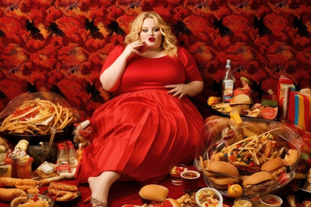 Une femme obèse mangeant de la malbouffe AI générative