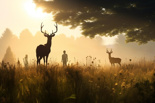 Une femme observe une famille de cerfs qui paissent dans un pré ensoleillé.