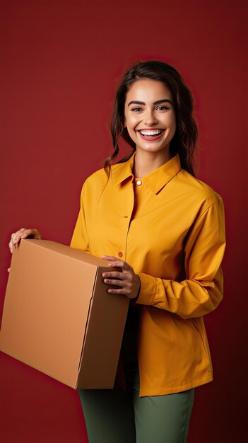 Une femme occidentale tenant une boîte.