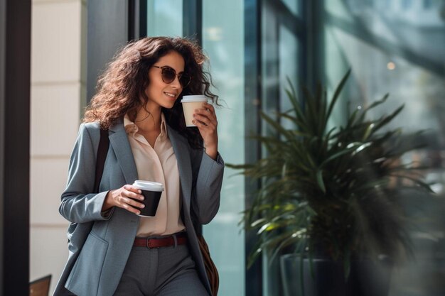 La femme occupée est pressée. Elle n'a pas le temps. Elle va boire un café.