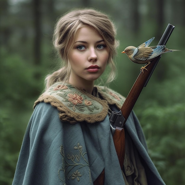 Une femme avec un oiseau bleu sur son épaule se tient dans une forêt.