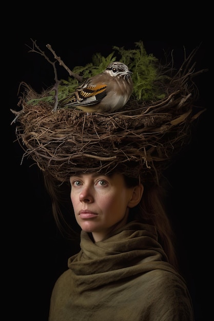 Une femme avec un oiseau sur la tête