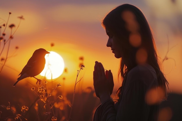 Photo la femme et l'oiseau trouvent l'espoir dans la nature au coucher du soleil