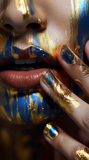 Une femme avec des ongles dorés et bleus et une peinture dorée sur les lèvres