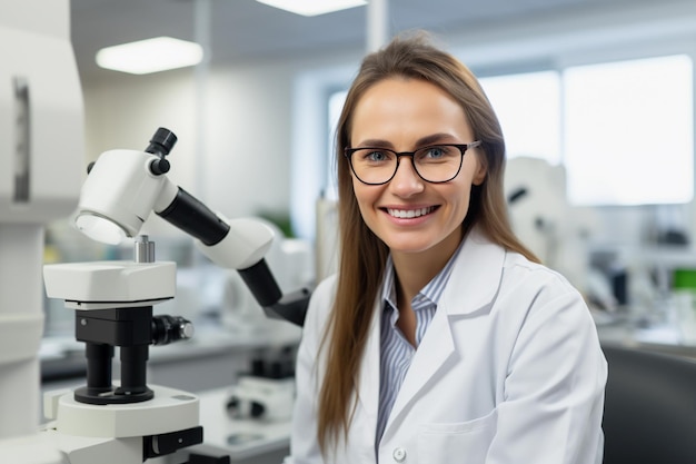 Femme opticienne dans un laboratoire regardant et souriant à la caméra