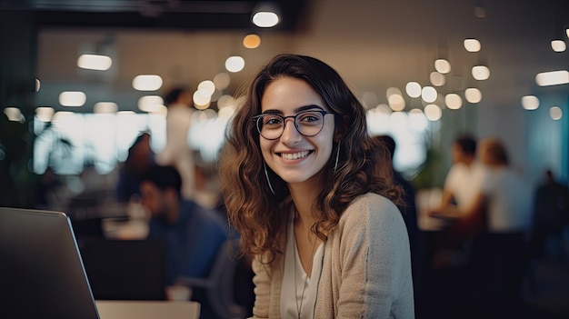 femme optimiste et souriante travaillant dans une start-up pendant les heures de bureau