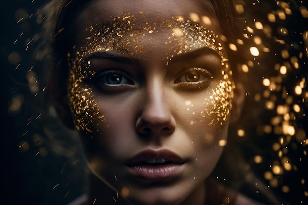 une femme avec de l'or brillant sur son visage