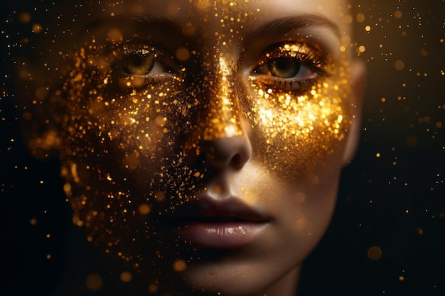 une femme avec de l'or brillant sur son visage