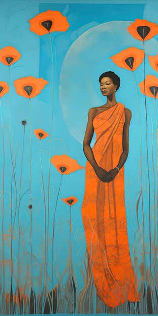 Photo une femme en orange se tient devant un mur avec des fleurs et de l'herbe