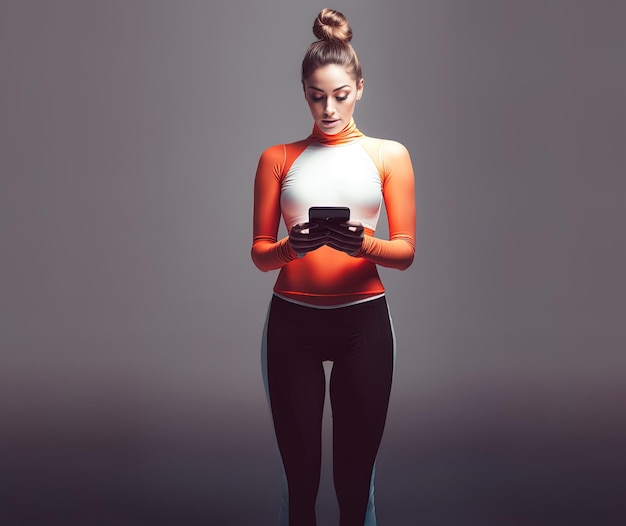 Photo une femme en orange tient un téléphone dans sa main