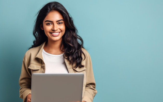 Une femme avec un ordinateur portable sur son portable.