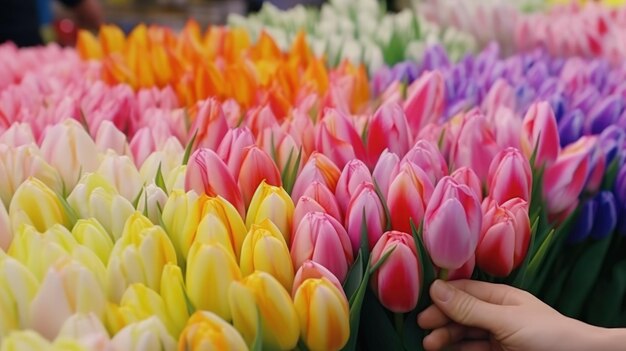 Femme organisant des tulipes dans un magasin de fleurs