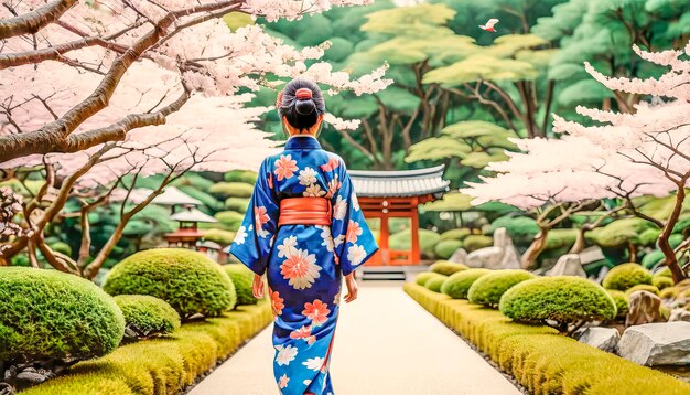 Une femme d'origine asiatique en kimono festif marche lentement à travers un jardin japonais en fleurs.