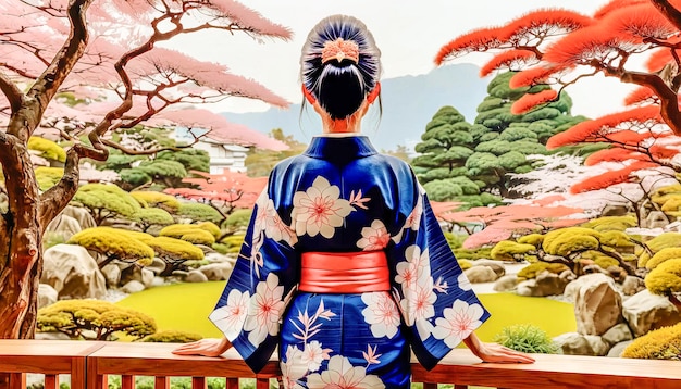 Photo une femme d'origine asiatique en kimono festif marche lentement à travers un jardin japonais en fleurs.