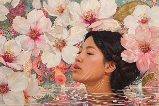 Photo une femme d'origine asiatique profilée dans un mandala sur fond de cerisiers géants en fleurs.