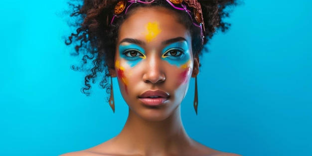 Photo une femme ornée d'une beauté vibrante sur une toile de fond bleue captivante.