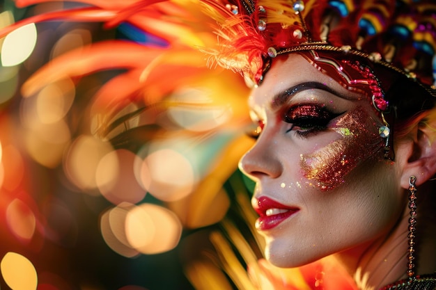 Une femme ornée d'un costume vibrant et élaboré avec des plumes sur la tête déborde d'élégance et de charme à l'événement Drag Queen Extravaganza