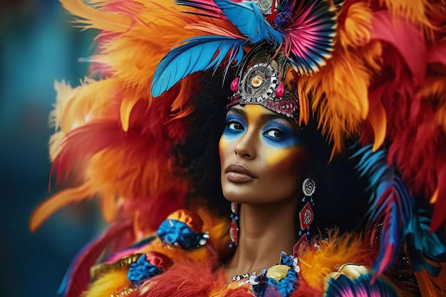 Une femme ornée de couleurs vives portant des vêtements de carnaval