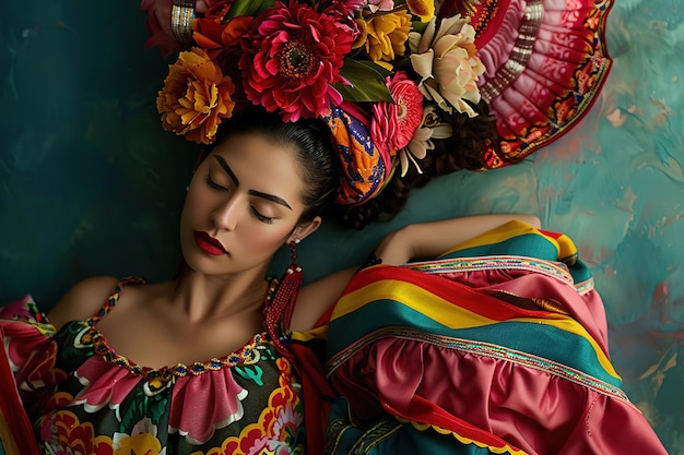 Une femme ornée de fleurs vibrantes et d'une robe traditionnelle