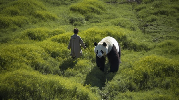 Photo une femme et un ours panda un voyage captivant à travers la nature39s beauty