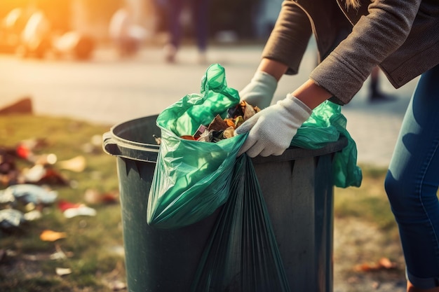 Femme ouvrant une poubelle pour jeter le sac à ordures saisir recycler la litière main personne ordures générer Ai