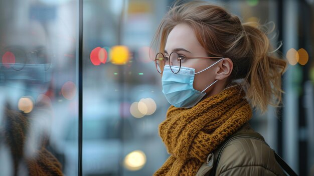 une femme ouvre une fenêtre avec un masque