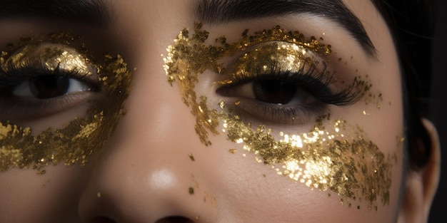 Une femme avec des paillettes d'or sur les yeux