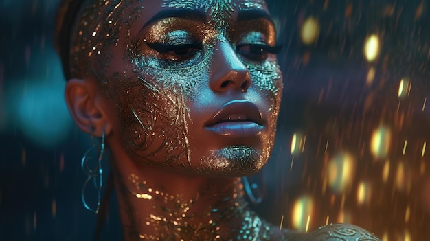 Une femme avec des paillettes sur le visage et le corps image ai générative modèle africain avec visage futuriste