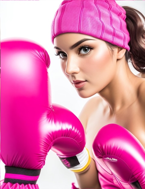 Photo femme avec une paire de gants de boxe roses blancs mystérieux et puissants avec un éclat brillant