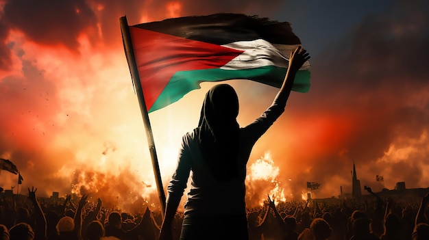 Photo femme palestinienne tenant le drapeau palestinien et regardant loin de la caméra israël occupe gaza et jérusalem