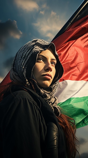 Photo femme palestinienne tenant le drapeau palestinien et regardant loin de la caméra israël occupe gaza et jérusalem