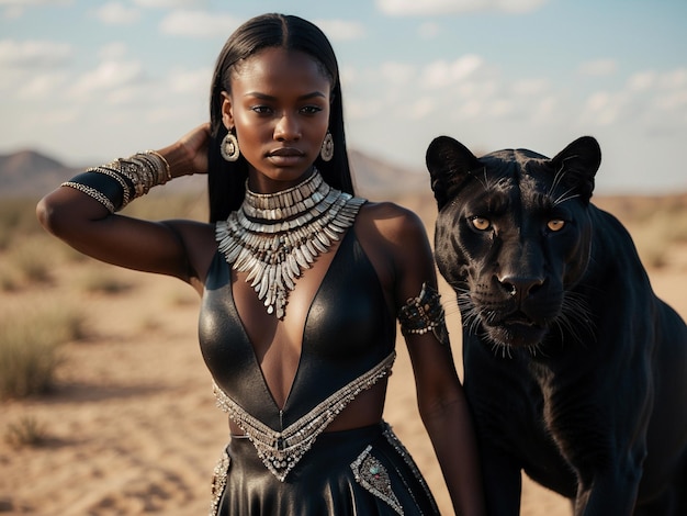 Photo une femme avec une panthère noire