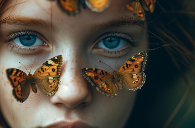 Femme avec des papillons sur le visage belle photographie de portrait de nature