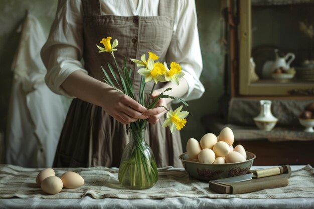 Une femme de Pâques heureuse prépare la table avec des fleurs de printemps de narcisse de Pâque pour les vacances.