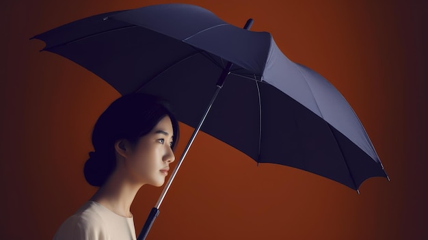 Une femme avec un parapluie devant un fond sombre