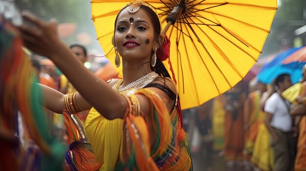 Une femme avec un parapluie jaune dans la foule