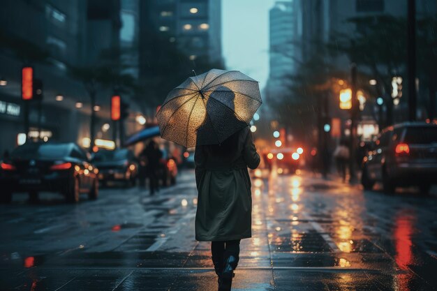 Femme avec parapluie marchant sur la route en ville pendant la pluie