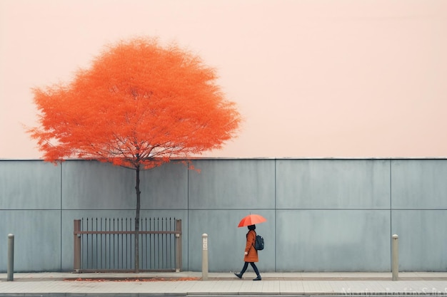 Femme avec un parapluie marchant sur un trottoir avec un oranger vibrant Créé avec la technologie Generative AI