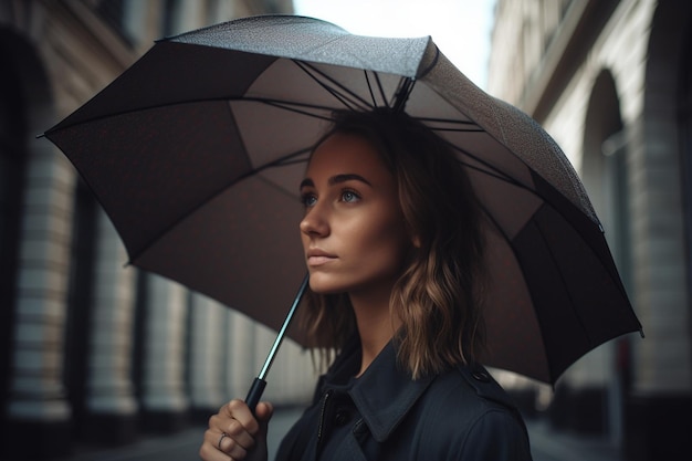 Une femme avec un parapluie noir sous la pluie