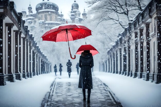 une femme avec un parapluie rouge marche dans la neige