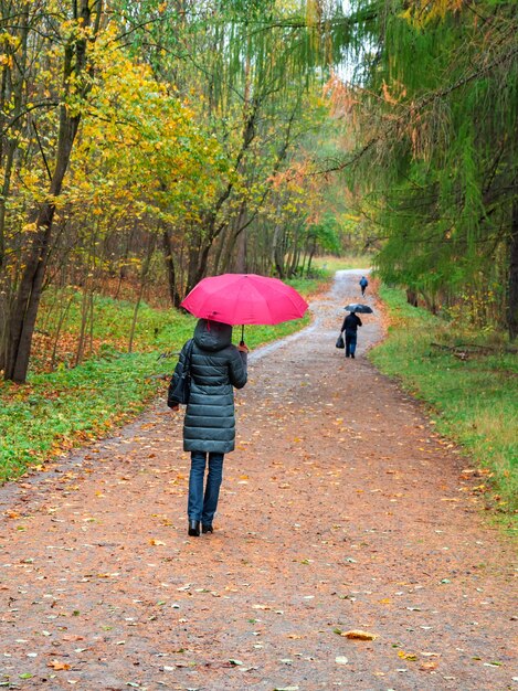 Femme avec parapluie rouge marche le long d'un chemin sinueux sous la pluie.