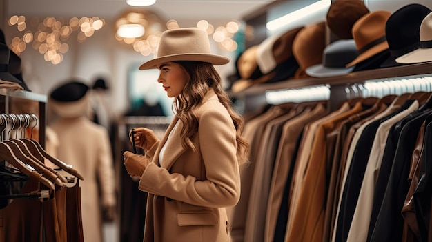 Photo une femme parcourant les étagères de manteaux et de pulls bruns clairs montrant l'expérience d'achat dans une boutique chic l'interaction du client avec les vêtements