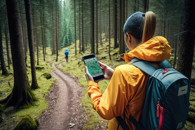 Une femme parcourt un paysage pittoresque tout en utilisant un navigateur GPS pour naviguer dans son voyage. Généré par l'IA