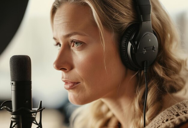 Femme parlant dans un microphone dans un studio elle semble engagée dans sa session d'enregistrement avec