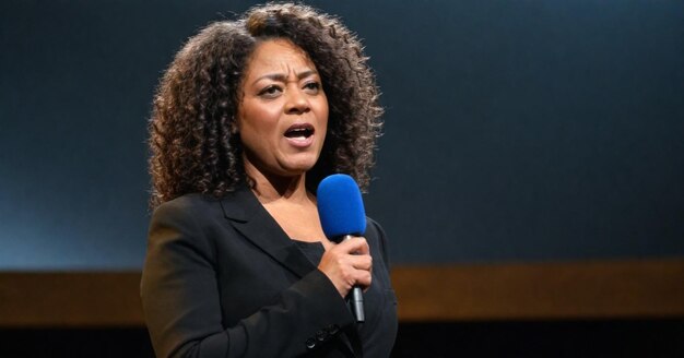 une femme parlant dans un microphone avec un microphone devant elle