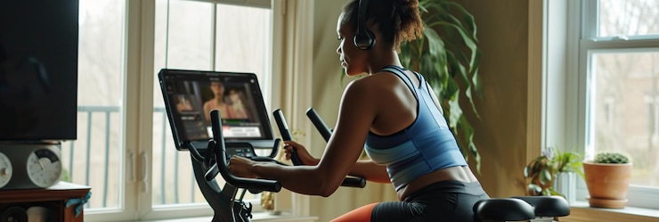 Photo une femme participe à un cours de fitness en ligne avec un vélo stationnaire