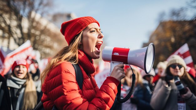 Photo une femme passionnée crie dans un mégaphone à la tête d'une foule lors d'une manifestation de protestation