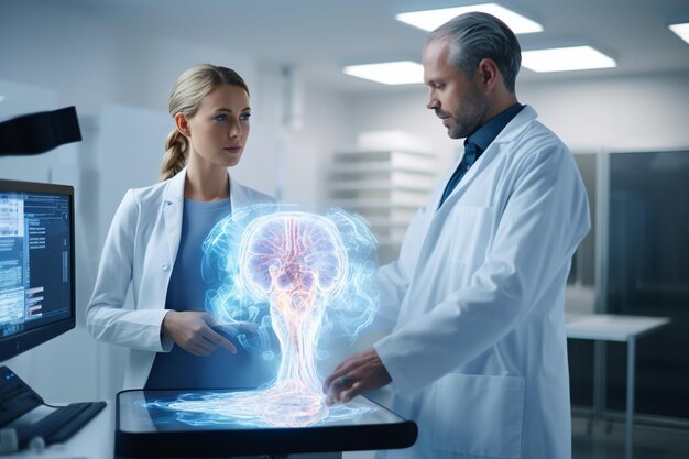 Une femme patiente avec un casque cérébral se tient sur une chaise dans un laboratoire de neurologie tandis qu'un médecin neurologue