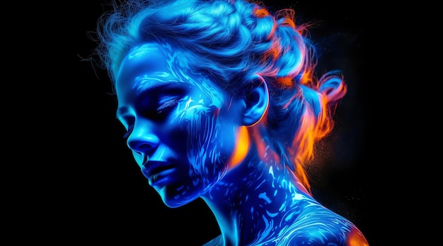 Une femme à la peau bleue et des lumières orange et rouges sur le visage