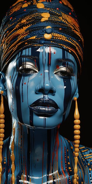 une femme à la peau bleue et un visage bleu avec les mots dieu sur le visage